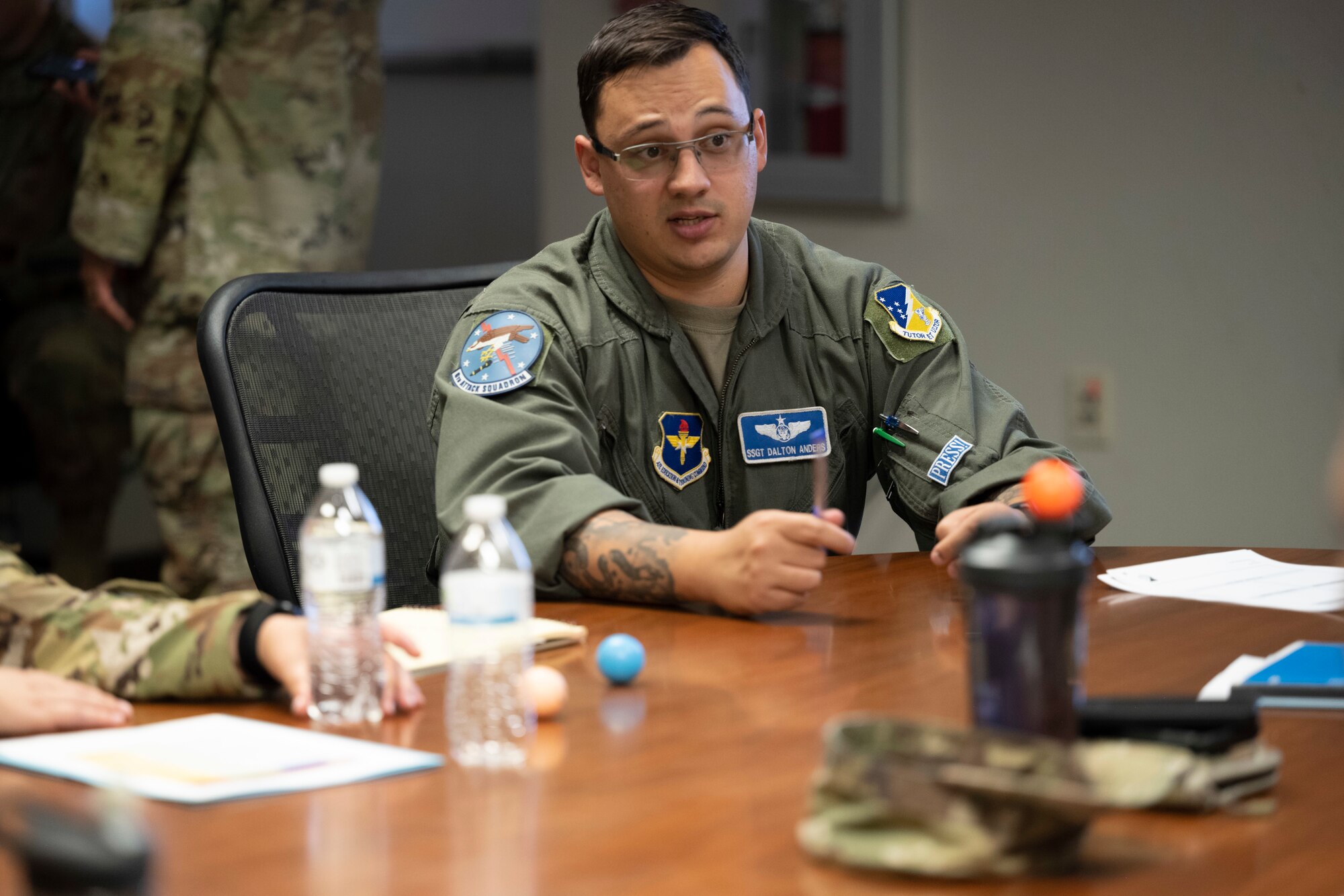U.S. Air Force Staff Sgt. Dalton Anders, 6th Attack Squadron MQ-9 Reaper sensor operator evaluator, participates in a group discussion during a flight leadership course at Holloman Air Force Base, New Mexico, Oct. 25, 2023. The course is tailored for flight-level leaders so they can build skills and responsibilities they will use in their respective leadership roles within their career fields. (U.S. Air Force photo by Airman 1st Class Michelle Ferrari)