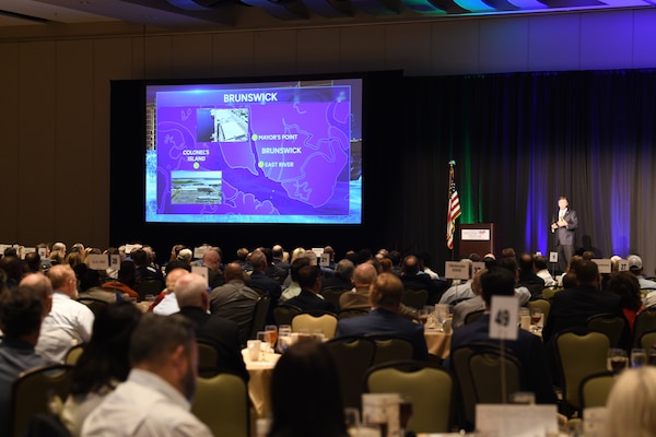 Griff Lynch, President and CEO of the Georgia Ports Authority, addresses the audience during the 2023 Brunswick State of the Port Luncheon held at the Jekyll Island Convention Center, Oct. 30, 2023. The Port of Brunswick primarily operates as an auto and machinery port for roll--on/roll--off cargo and GPA is aiming to make it the top Ro/Ro port by 2026.