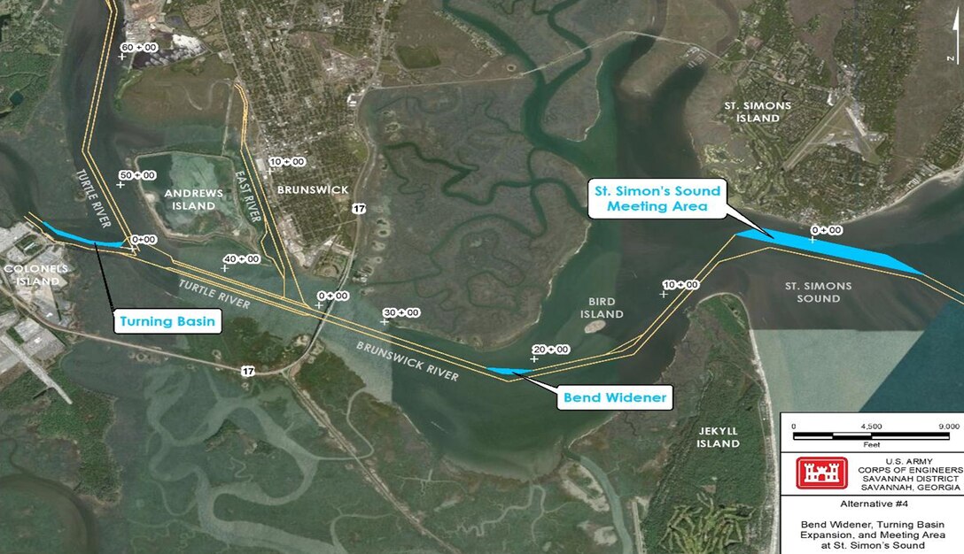 The Savannah District, in coordination with the Georgia Ports Authority, have identified three areas of interest for the Brunswick Harbor Modification Project based on a feasibility study conducted March 11, 2022. The project only involves dredging operations for the Cedar Hammock Range bend widener and the expansion of the turning basin at Colonel’s Island Terminal.
