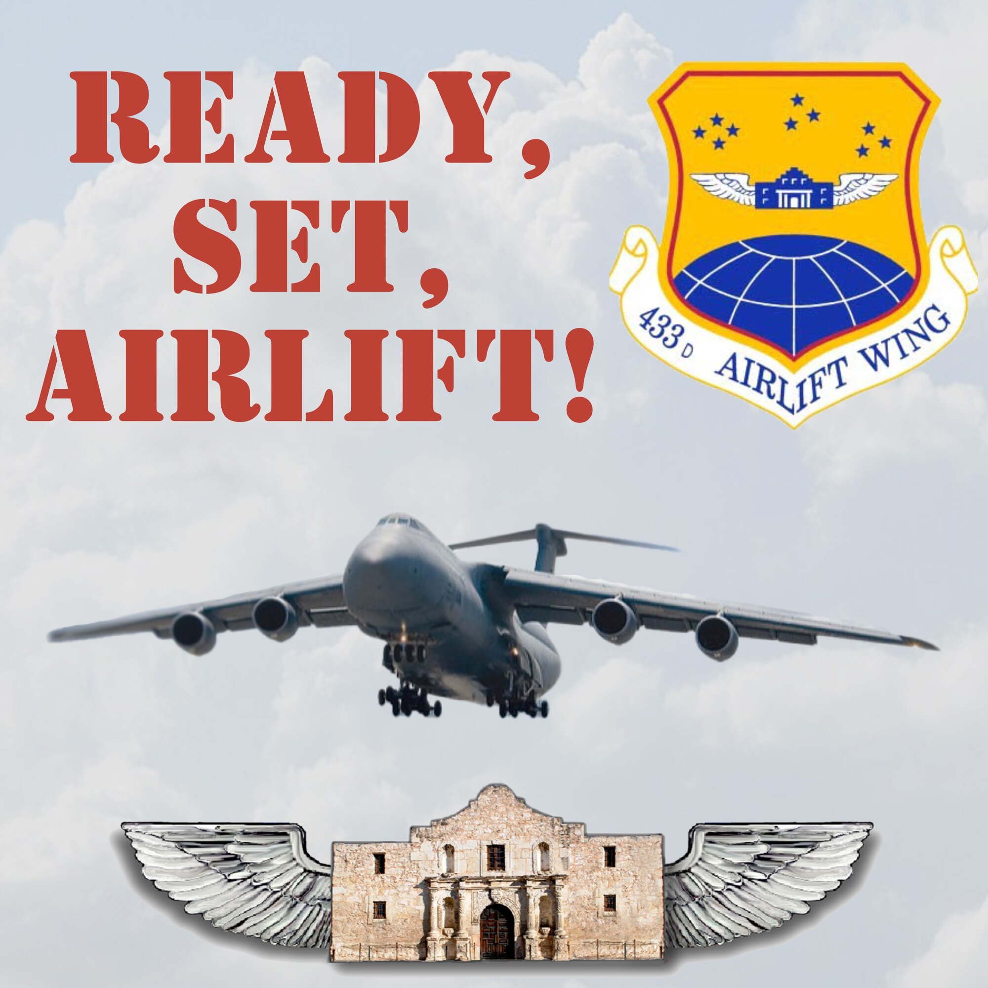 Logo featuring a photo of a C-5M Super Galaxy and the emblem of the 433rd Airlift Wing set against a cloudy sky background.