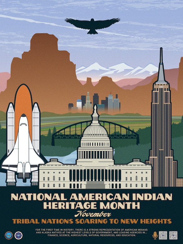 Graphic illustration featuring the U.S. Capitol and other structures, a rocket ship and a soaring bird.