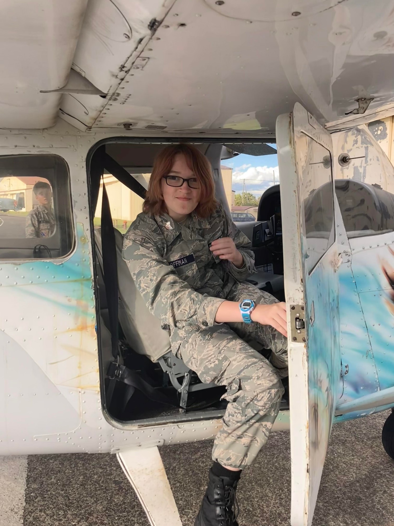 Civil Air Patrol Cadet Senior Airman Isabella Hoffman completes her first flight during a Civil Air Patrol Orientation Flight at Yokota Flight Training Center, Japan, Oct. 20-22, 2023.