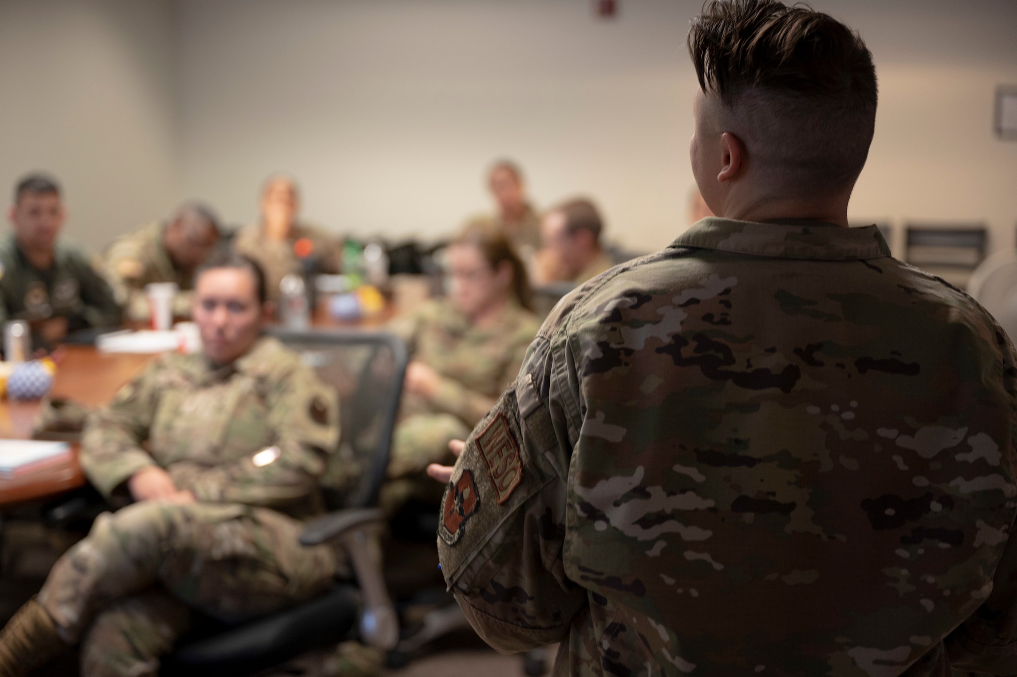 U.S. Air Force Capt. Sawyer Sebben, 54th Operations Support Squadron weather flight commander, speaks about diversity, equity, and inclusion during a flight leadership course  at Holloman Air Force Base, New Mexico, Oct. 26, 2023. Company grade officers offered perspectives on how to address complex issues as flight leaders in order to communicate effectively with their Airmen within their units. (U.S. Air Force photo by Airman 1st Class Michelle Ferrari)