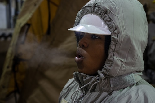 Airmen from Hurlburt Field assigned to the Mission Sustainment Team participate in a two-day cold weather training at the Mckinley Climatic Lab at Eglin Air Force Base, Florida, Oct 20, 2023. On the second day of training, the temperature plummeted to a -10 Fahrenheit, providing the perfect testbed for the MST. (U.S. Air Force photo by Airman 1st Class Hussein Enaya)