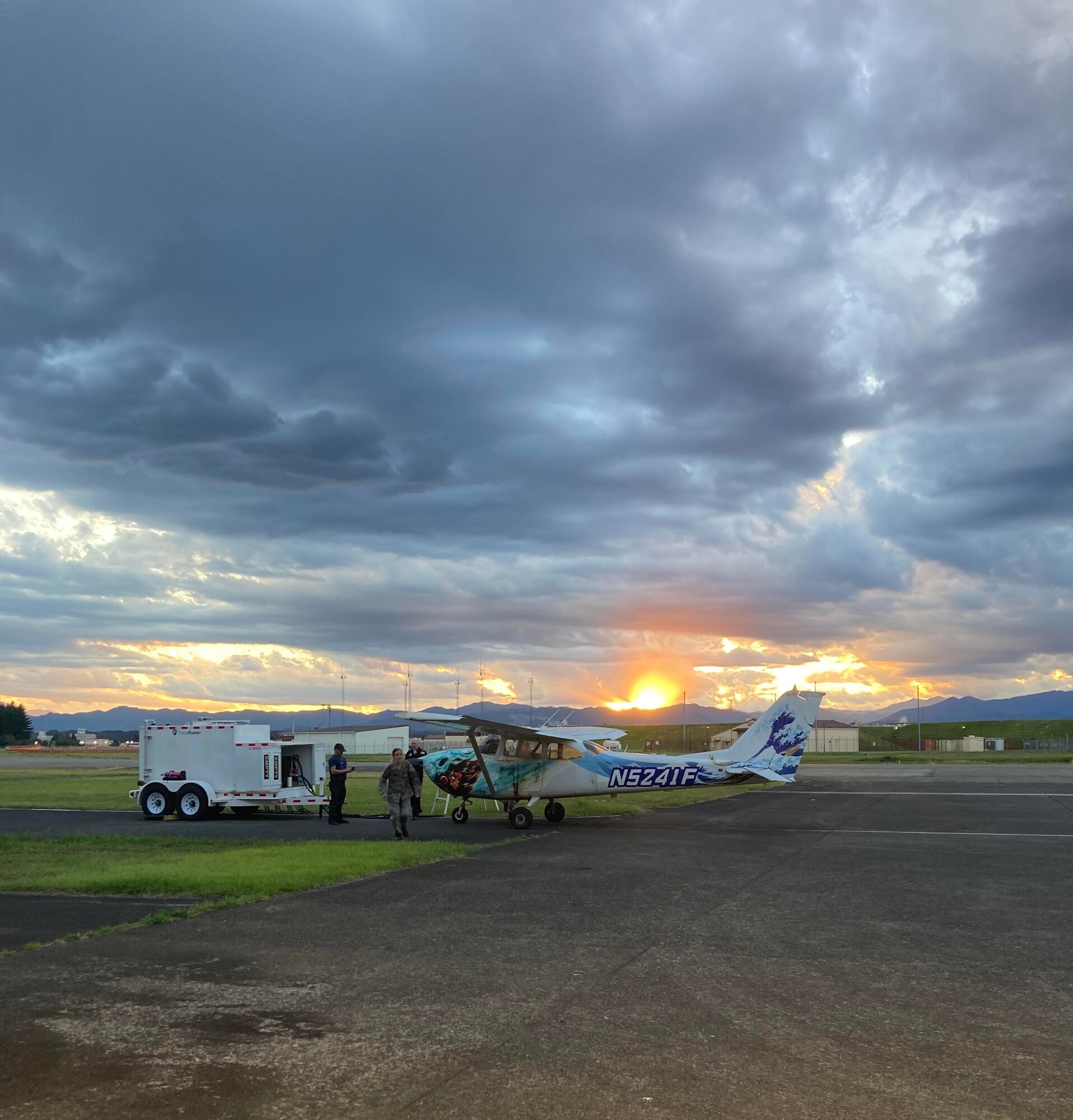 Misawa Air Base Civil Air Patrol cadets refuel a Cessna 172 after the 11th flight of the day during a Civil Air Patrol Orientation Flight at Yokota Flight Training Center, Japan, Oct. 20-22, 2023.