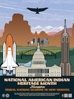 Graphic illustration featuring the U.S. Capitol and other structures, a rocket ship and a soaring bird.
