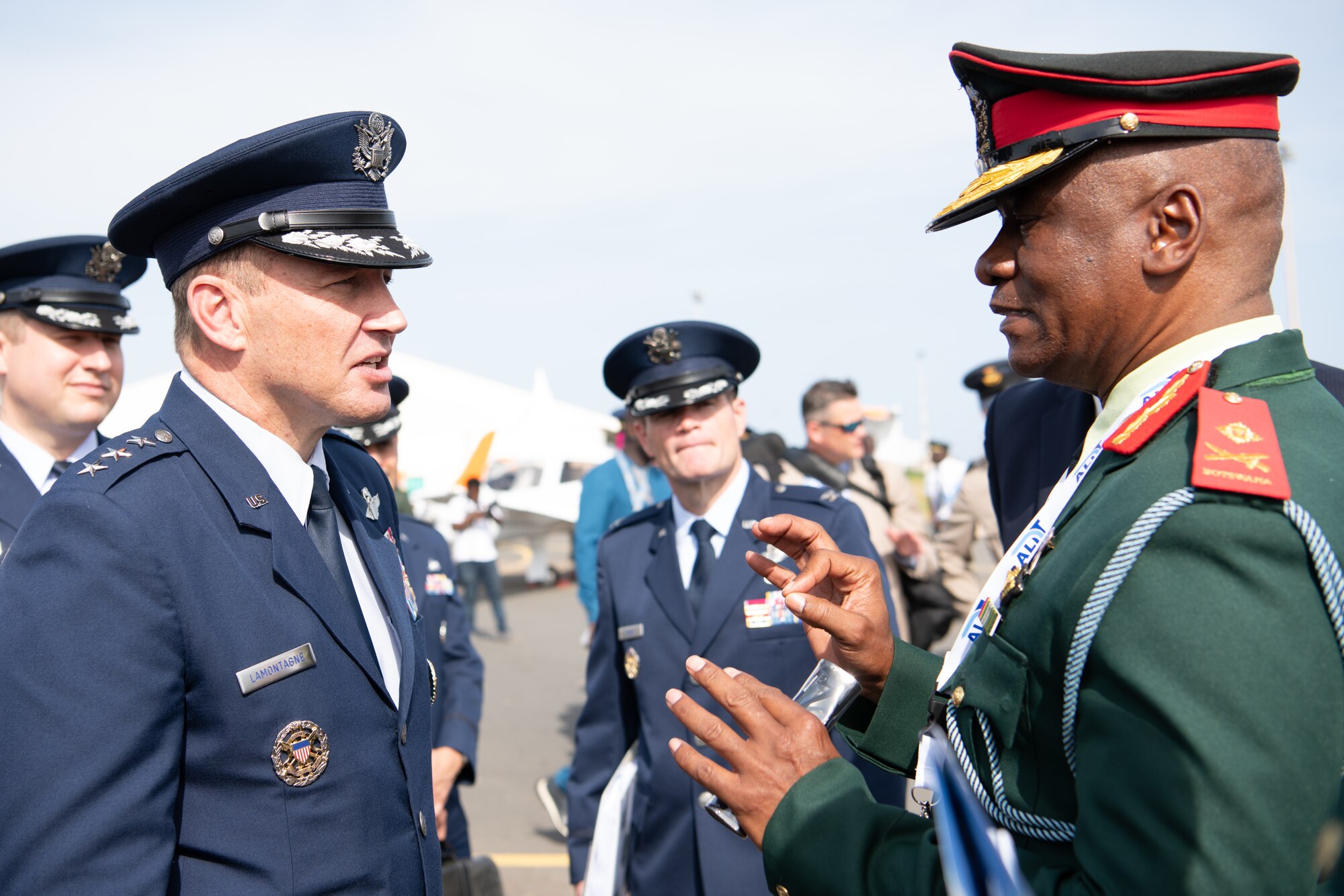 Lt. Gen. John Lamontagne, U.S. Air Forces in Europe - Air Forces Africa deputy commander, talks to Maj. Gen. Hendric Thuthu Rakgantswana, Commander of the Botswana Air Force, during the 2nd Africa Air Force Forum in Dakar, Senegal, Oct. 25, 2023. The AAFF featured high-level discussions and briefings, along with an international exhibition showcasing the latest equipment and solutions available to support the forces in the region. Interactive and multidisciplinary discussions, as well as aviation demonstrations, further highlighted this event as one of the strategic gatherings of air forces, aviation authorities, and key solution providers in Africa. (U.S. Department of Defense photo by SSG Aaliyah Craven)