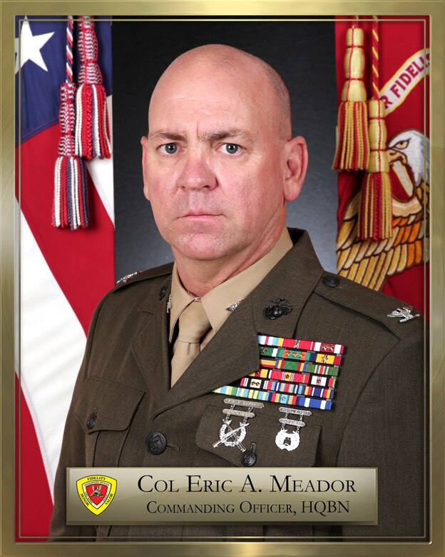 Colonel E. A. Meador entered the Marine Corps in January 1991 completing training at Marine Corps Recruit Depot Parris Island. He was accepted into Officer Candidate School and commissioned as a Second Lieutenant in Dec 1999 followed by completion of The