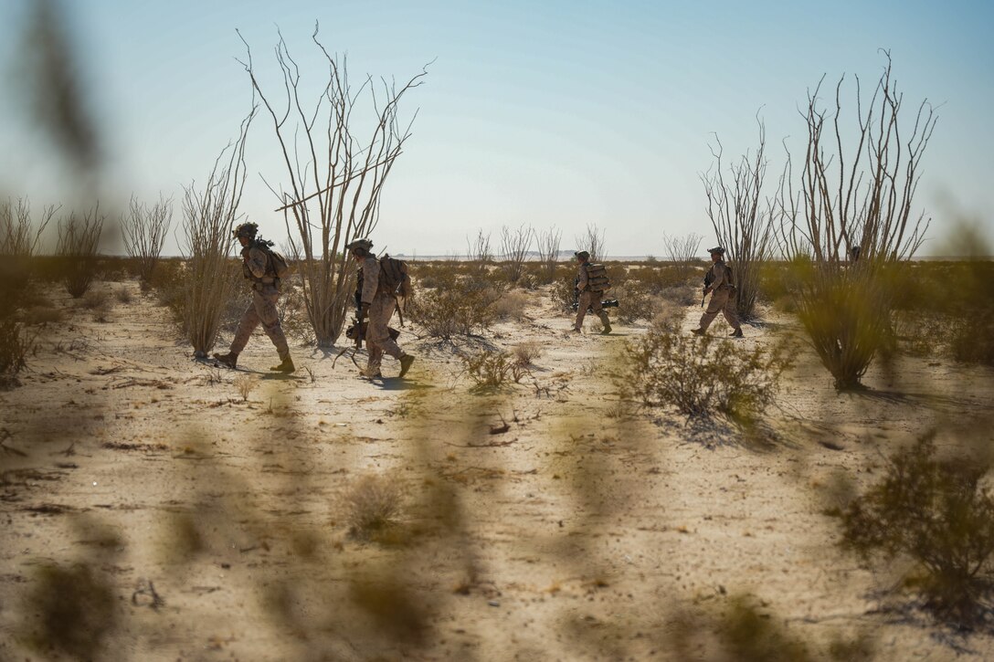 Marines walk through a desert.