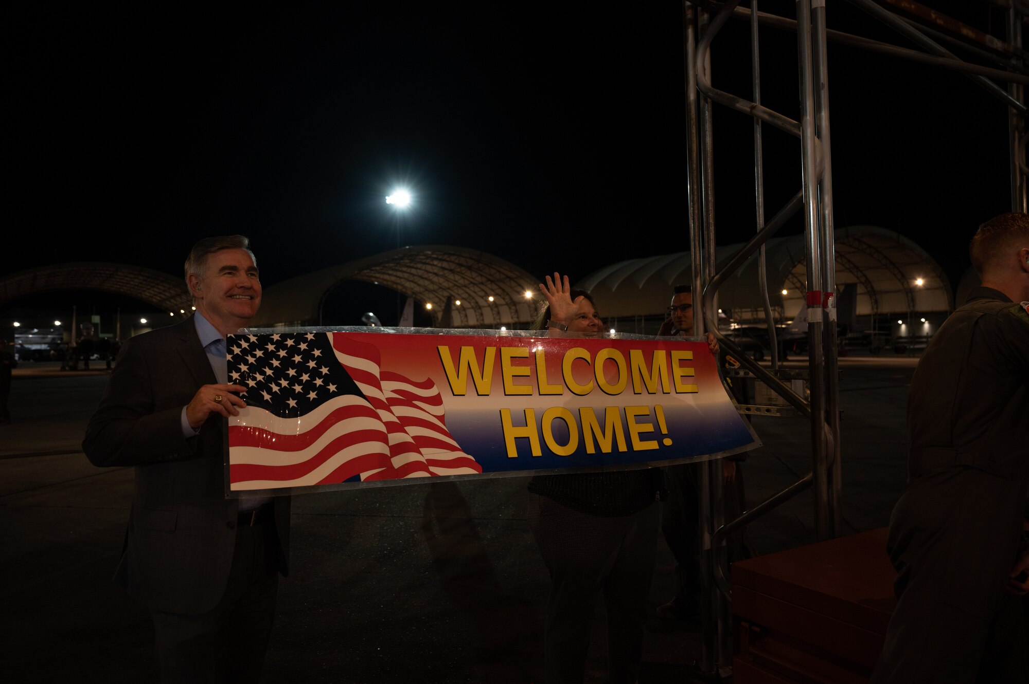 A family attends a homecoming ceremony for the 336th Fighter Squadron at Seymour Johnson Air Force Base, North Carolina, Oct. 30, 20223. While deployed, aircrew remained available at any given time to defend against air or ground threats. (U.S. Air Force photo by Airman 1st Class Rebecca Sirimarco-Lang)