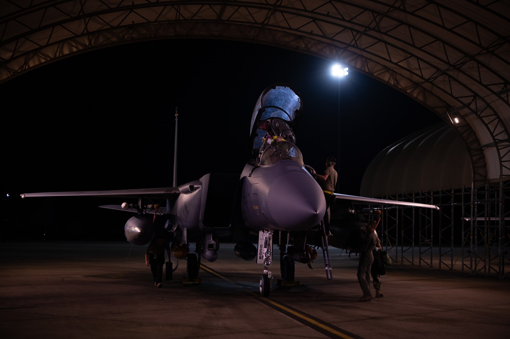 Airmen exit an F-1E Strike Eagle assigned to the 336th Fighter Squadron during a homecoming ceremony at Seymour Johnson Air Force Base, North Carolina, Oct. 30, 2023. Airmen were deployed to the Air Force’s Central Command area of responsibility where they provided air-to-air and air-to-ground defense. (U.S. Air Force photo by Airman 1st Class Rebecca Sirimarco-Lang)