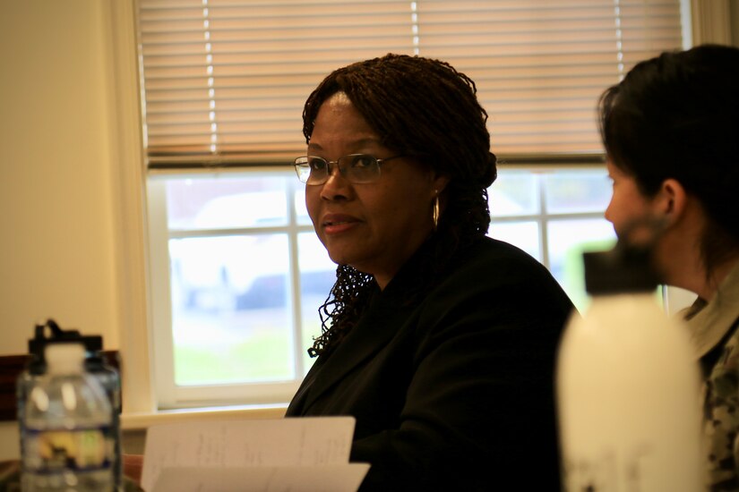 Dr. Millicent Carvalho-Grevious speaks during the Pennsylvania National Guard state equal employment opportunity conference at Biddle Hall at Fort Indiantown Gap, Oct. 18, 2023. Carvalho-Grevious is the state equal employment manager for the Pennsylvania National Guard. (U.S. Army National Guard photo by Maj. Travis Mueller)