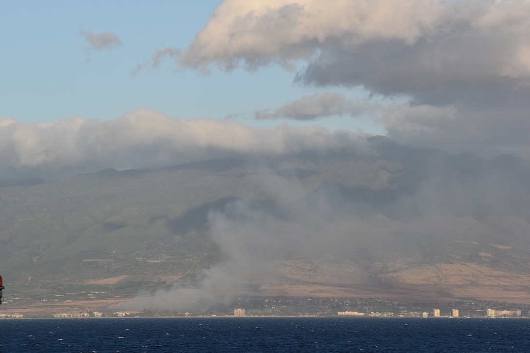 U.S. Coast Guard Cutter Kimball (WMSL 756) was the on-scene coordinator for the sea response following the Maui Wildfires, August 9, 2023. Kimball patrolled around the coast of Lahaina for three days providing search and rescue coverage while controlling other search assets in the area. U.S. Coast Guard photo by Ensign Phil Rogers.