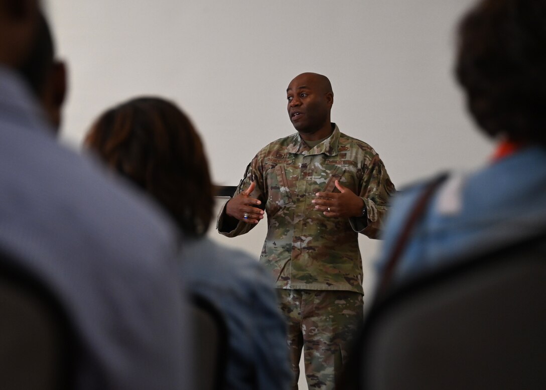 U.S. Air Force Col. Todd E. Randolph, 316th Wing and installation commander, gives closing remarks during the National Disability Employment Awareness Month special observance at Joint Base Andrews, Oct. 30, 2023. This year marked the 50th anniversary of the Rehabilitation Act of 1973, which was the first legislation to address access and equity for people with disabilities. (U.S. Air Force photo by Senior Airman Austin Pate)