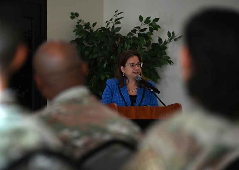 Larysa Kautz, 459th Air Refueling Wing honorary commander, speaks during the National Disability Employment Awareness Month special observance at Joint Base Andrews, Oct. 30, 2023. According to their website, Melwood offers job placement, training, life skills and supportive services to more than 2,000 people with disabilities each year. (U.S. Air Force photo by Senior Airman Austin Pate)
