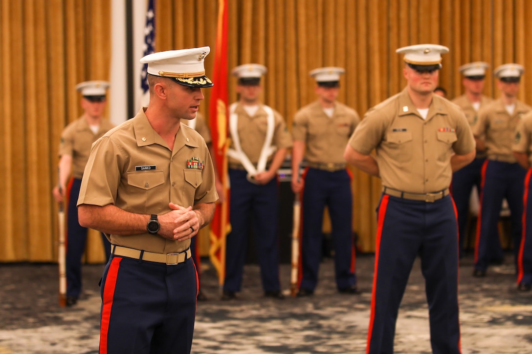 U.S. Marine Corps Maj. Jon Sanko, commanding officer, Recruiting Station Columbus, 4th Marine Corps District, speaks to Marines and families in attendance at a Change of Command ceremony in Columbus, Ohio, Nov. 1, 2023. Maj. Ryan Berger transferred command to Sanko during the ceremony. (U.S. Marine Corps photo by Cpl. Austin Molla)