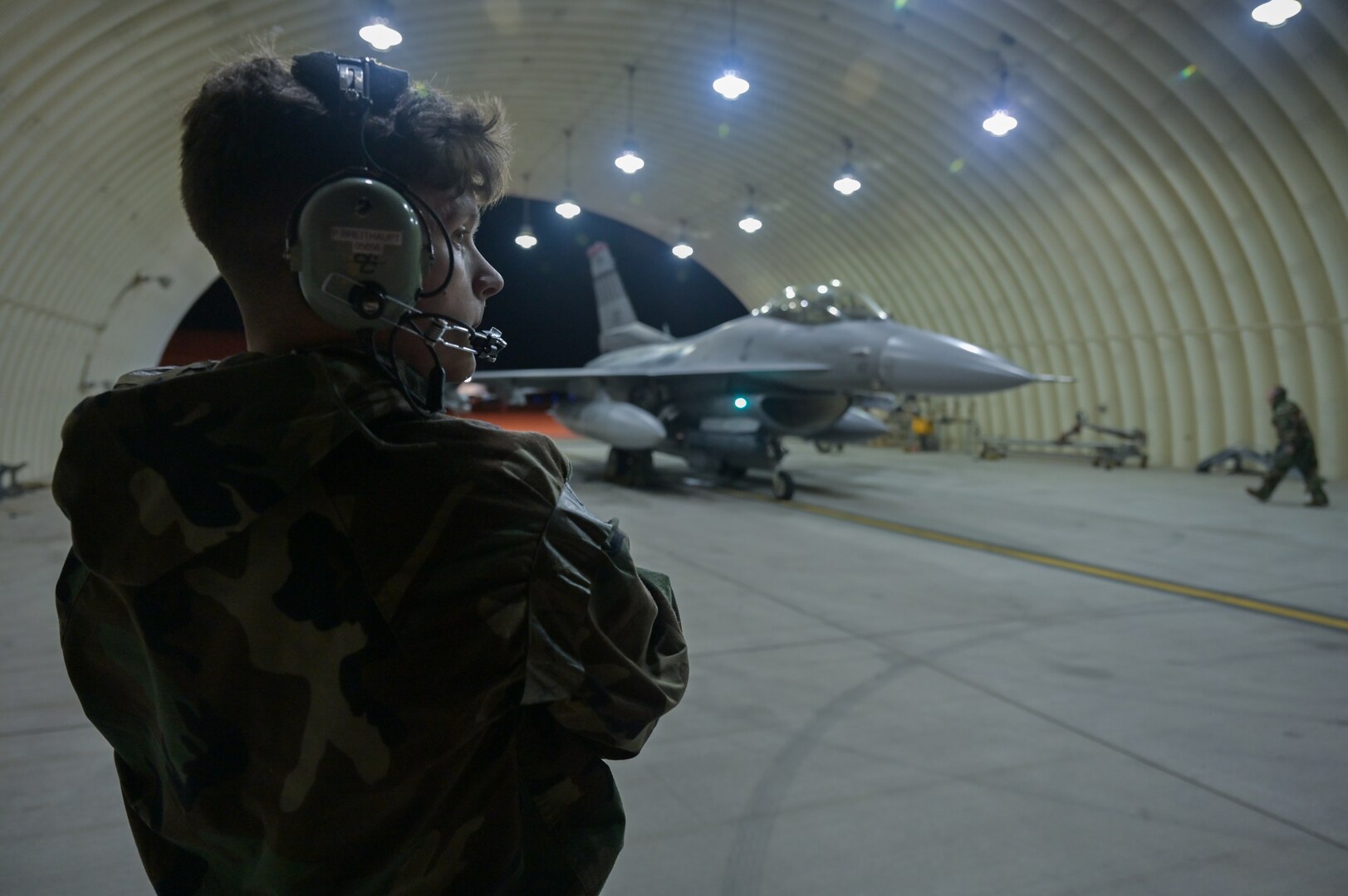 Airman 1st Class Paul Breithaupt prepares to launch an F-16 Fighting Falcon assigned to the 36th Fighter Squadron.