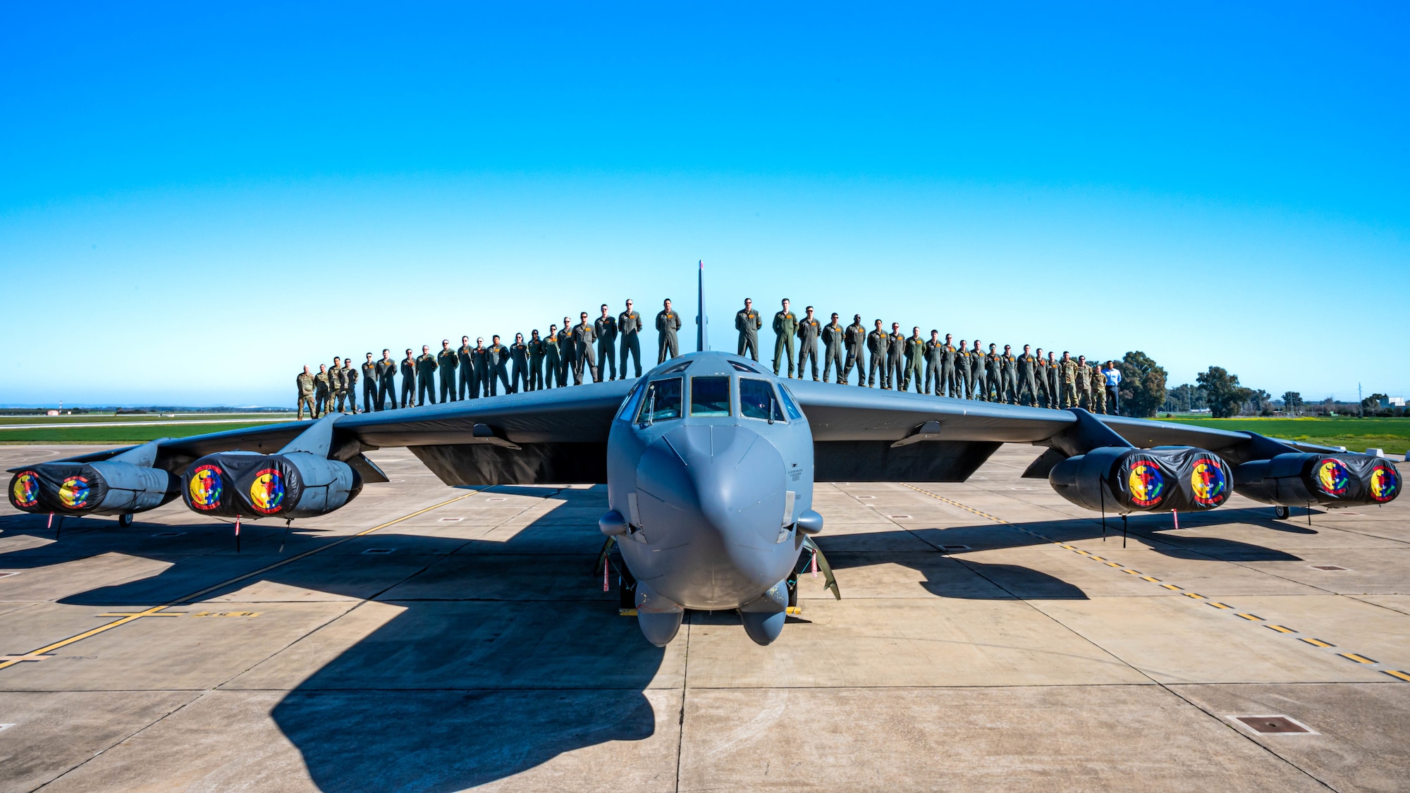 Members of the 23rd Expeditionary Bomb Squadron air crew pose for a squadron photo on a B-52H Stratofortress at Morón Air Base, Spain, Mar. 15, 2023. (U.S. Air Force photo by Airman 1st Class Alexander Nottingham)