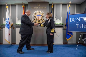 WASHINGTON (Nov. 2, 2023) - Secretary of the Navy Carlos Del Toro swears in Adm. Lisa Franchetti as the 33rd chief of naval operations in the Pentagon, Nov. 2. Franchetti becomes the first woman service chief and member of the Joint Chiefs of Staff.(Chief Mass Communication Specialist Amanda R. Gray/released)