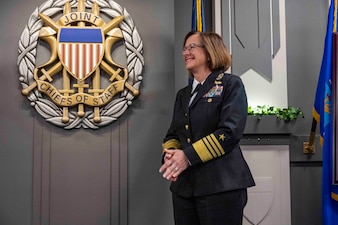 WASHINGTON (Nov. 2, 2023) - Adm. Lisa Franchetti delivers remarks after being sworn in as the 33rd chief of naval operations in the Pentagon, Nov. 2. Franchetti becomes the first woman service chief and member of the Joint Chiefs of Staff.(Chief Mass Communication Specialist Amanda R. Gray/released)