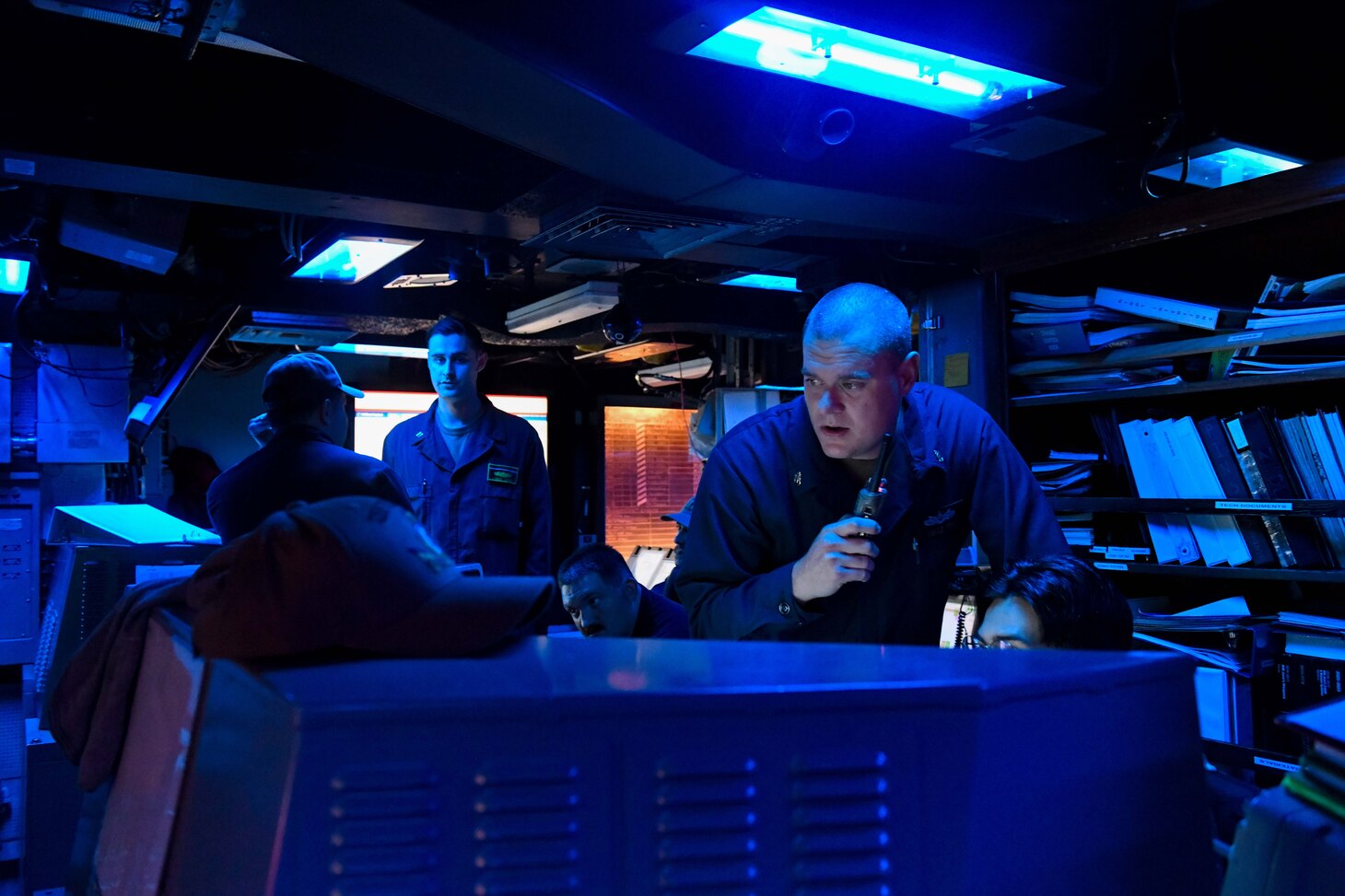 BUSAN, REPUBLIC OF KOREA (October 22, 2023) A Sailor monitors sonar data aboard the Avenger class mine countermeasures ship USS Warrior (MCM 10) while participating in the Republic of Korea Navy Multi-National Mine Warfare Exercise (MNMIWEX) 2023. Warrior, part of Mine Countermeasure Squadron 7, is operating in the Indo-Pacific region to enhance interoperability with partners and serve as a ready-response platform for contingency operations. (U.S. Navy photo by Mass Communication Specialist 2nd Class Adam Craft / Released)