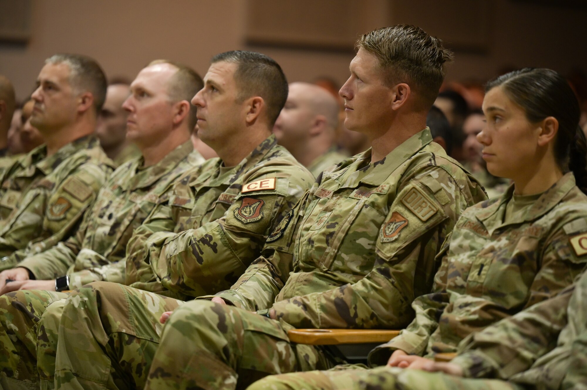 Airmen attend a 15th Wing All-Call at Joint Base Pearl Harbor-Hickam, Hawaii, Nov. 2, 2023. Col. Michele Lo Bianco, 15th Wing commander, and Chief Master. Sgt. Anthony Thompson Jr., 15th Wing command chief, expressed the importance of the wing’s readiness within the Indo-Pacific area of responsibility and the importance of caring for the wing’s Airmen and their families. (U.S. Air Force photo by Staff Sgt. Alan Ricker)