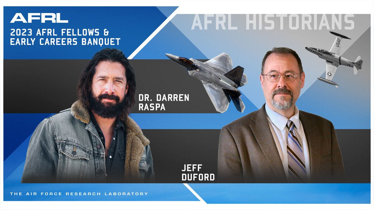 Air Force Research Laboratory historians Dr. Darren Raspa and Jeff Duford host the 2023 AFRL Fellows and Early Career Awards ceremony, Oct. 25, 2023, at the National Museum of the U.S. Air Force. This annual event honored scientists and engineers for outstanding career accomplishments. (U.S. Air Force graphic / Patrick Londergan)
