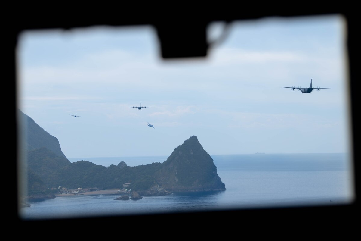 Aircraft fly over land and ocean