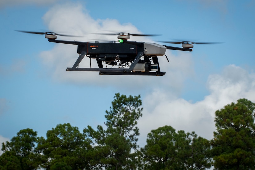 An unmanned aerial system flies in the sky.