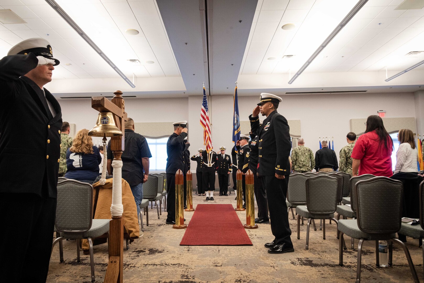 The Naval Health Clinic Cherry Point Honor Guard presents the U.S. National Colors on Thursday, November 2, 2023 during the retirement ceremony of Chief Hospital Corpsman Felix Colon (Fleet Marine Force / Enlisted Expeditionary Warfare Specialist) aboard Marine Corps Air Station Cherry Point.  Colon retired after 23 years of service in the United States Navy, ending his service as the Senior Enlisted Leader for the Directorate of Clinical Support Services and Directorate of Medical Services at Naval Health Clinic Cherry Point.