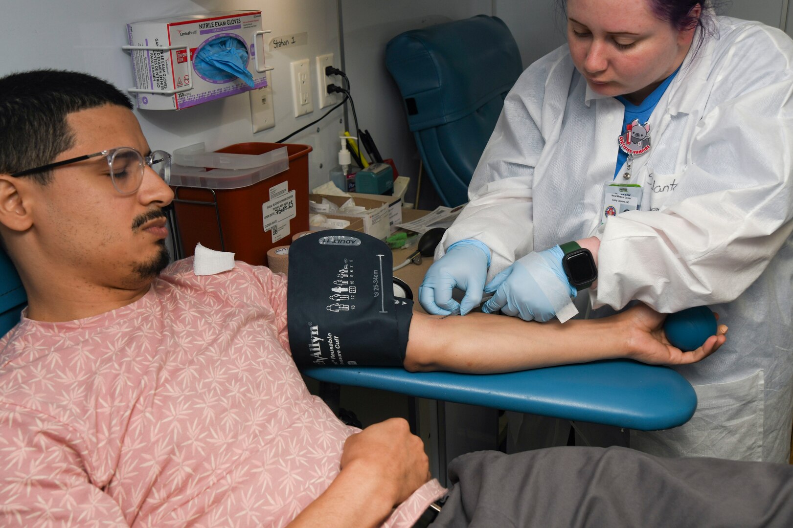 Service members and Department of Defense civilian employees donate blood in a blood drive outside Naval Medical Center Camp Lejeune on Sept. 8, 2023.The Armed Services Blood Program at NMCCL hosts monthly blood drives at locations across Marine Corps Installations East to increase the store of blood units that are utilized for care of active-duty military, their families, and retirees.