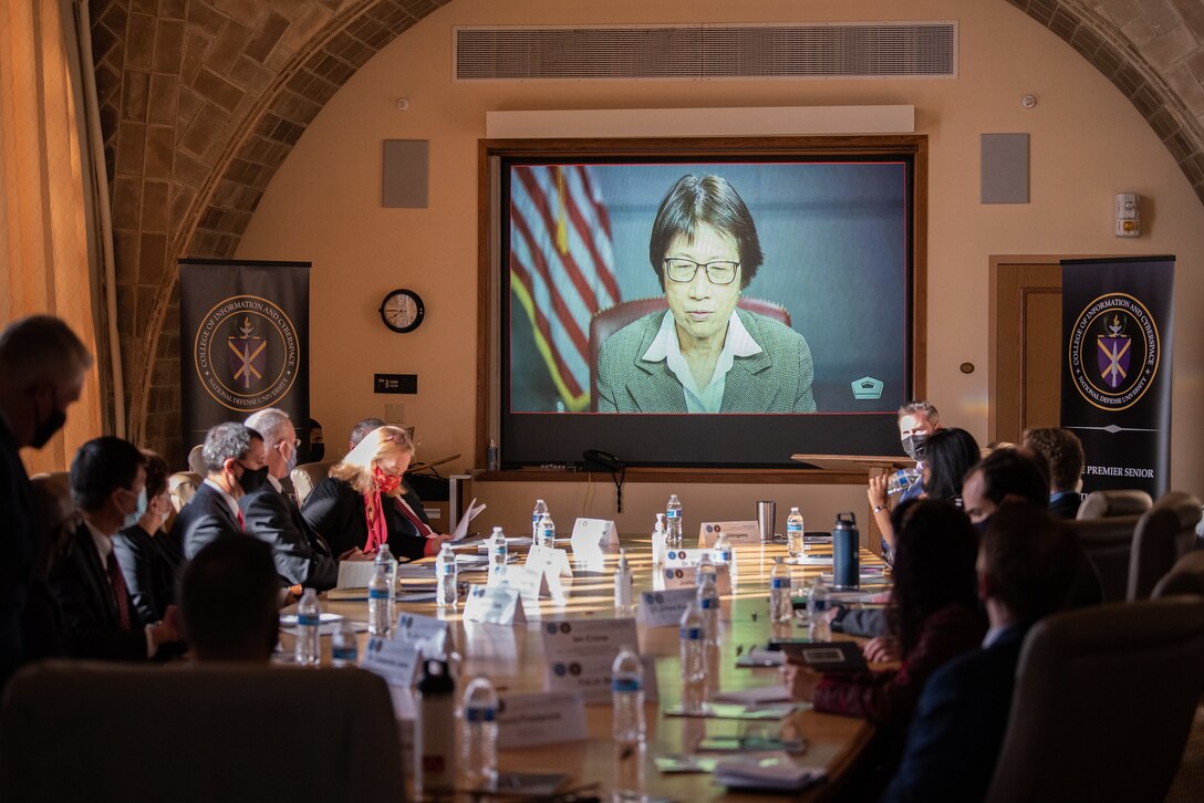 This consortium exists to connect the academic community with the Secretary of Defense to address top cybersecurity priorities. Here, the DoD Chief Technology Officer (CTO), Heidi Shu, is addressing the Consortium.