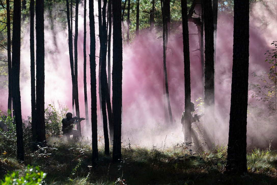 Two airmen move through a wooded area as smoke surrounds them.