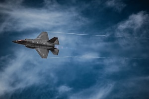 An F-35A Lightning II assigned to the 56th Fighter Wing performs a strafing run