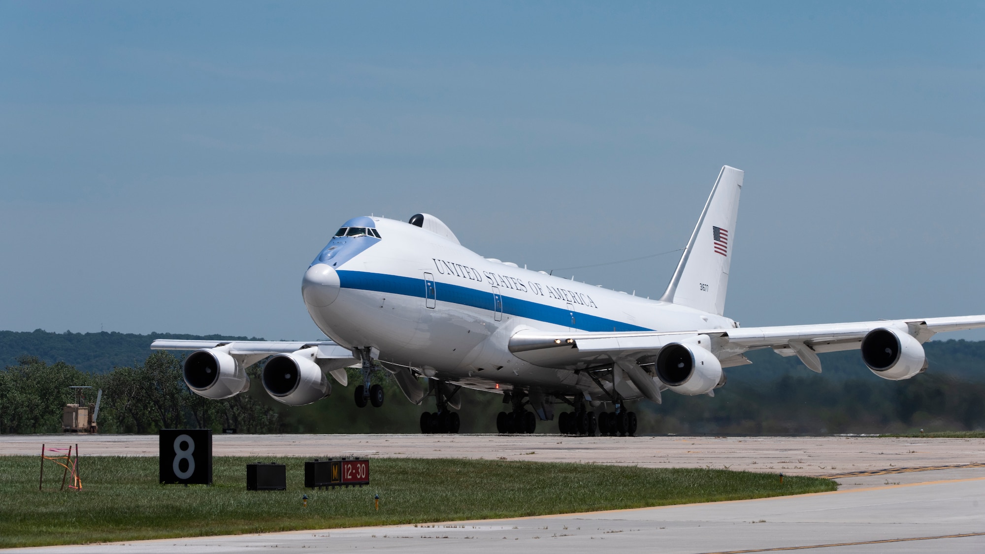 A U.S. Air Force E-4B National Airborne Operations Center aircraft takes off from Offutt Air Force Base, Nebraska, July 10, 2019. The E-4B is protected against the effects of an electromagnetic pulse and has an electrical system designed to support advanced electronics and a wide variety of communications equipment. (U.S. Air Force photo by Staff Sgt. Jacob Skovo)