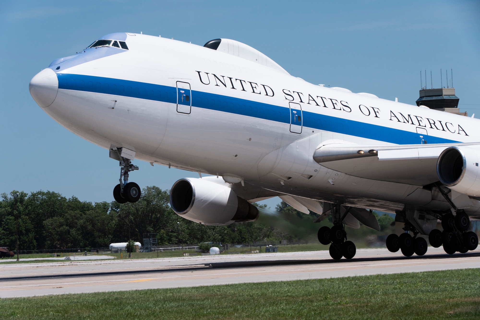 A U.S. Air Force E-4B National Airborne Operations Center aircraft takes off from Offutt Air Force Base, Nebraska, July 10, 2019. The E-4B provides travel support for the Secretary of Defense and their staff to ensure command and control connectivity outside of the continental United States. (U.S. Air Force photo by Staff Sgt. Jacob Skovo)