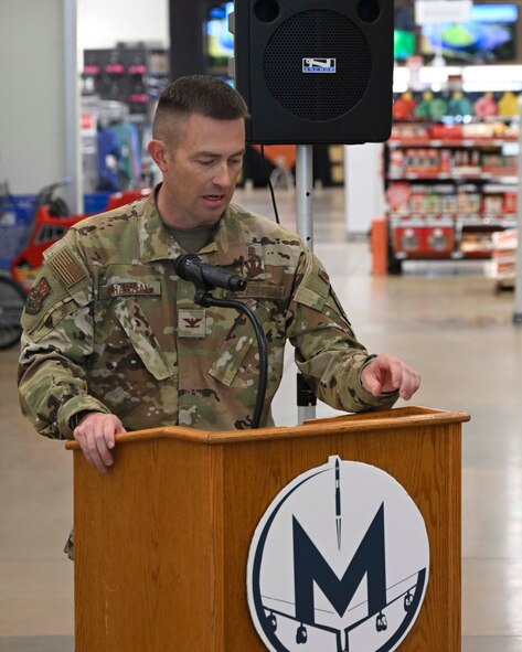 U.S. Air Force Col. George L. Chapman, 91st Missile Wing deputy commander, provides remarks at the opening ceremony for Native American Heritage Month at Minot Air Force Base, North Dakota, Nov. 1, 2023. Native Americans have participated in U.S. military actions for more than 200 years. In the 20th Century, five Native Americans have received the Medal of Honor. (U.S. Air Force photo by Senior Airman Caleb S. Kimmell)