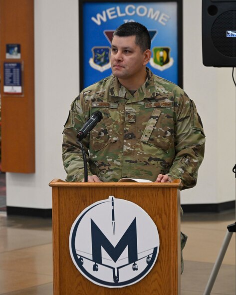 Tech. Sgt. Pashala Lewis, 5th Civil Engineer Squadron NCO in charge of optimization and member of the Native American Heritage Month committee, speaks at the opening ceremony for Native American Heritage Month at Minot Air Force Base, North Dakota, Nov. 1, 2023. Native Americans have participated in U.S. military actions for more than 200 years. In the 20th Century, five Native Americans have received the Medal of Honor. (U.S. Air Force photo by Senior Airman Caleb S. Kimmell)