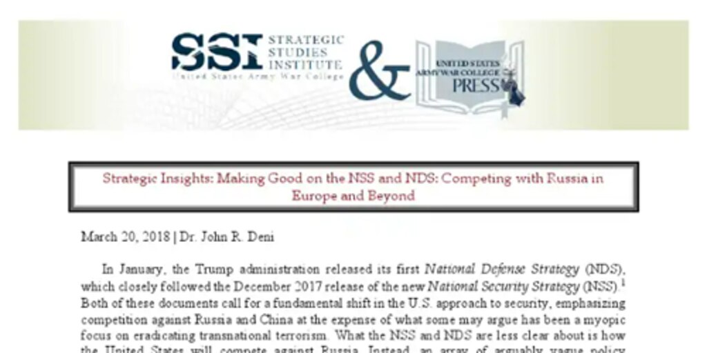 Cover for Strategic Insights: Making Good on the NSS and NDS: Competing with Russia in Europe and Beyond