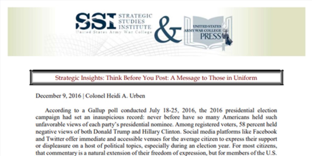 Cover for Strategic Insights: Think Before You Post: A Message to Those in Uniform