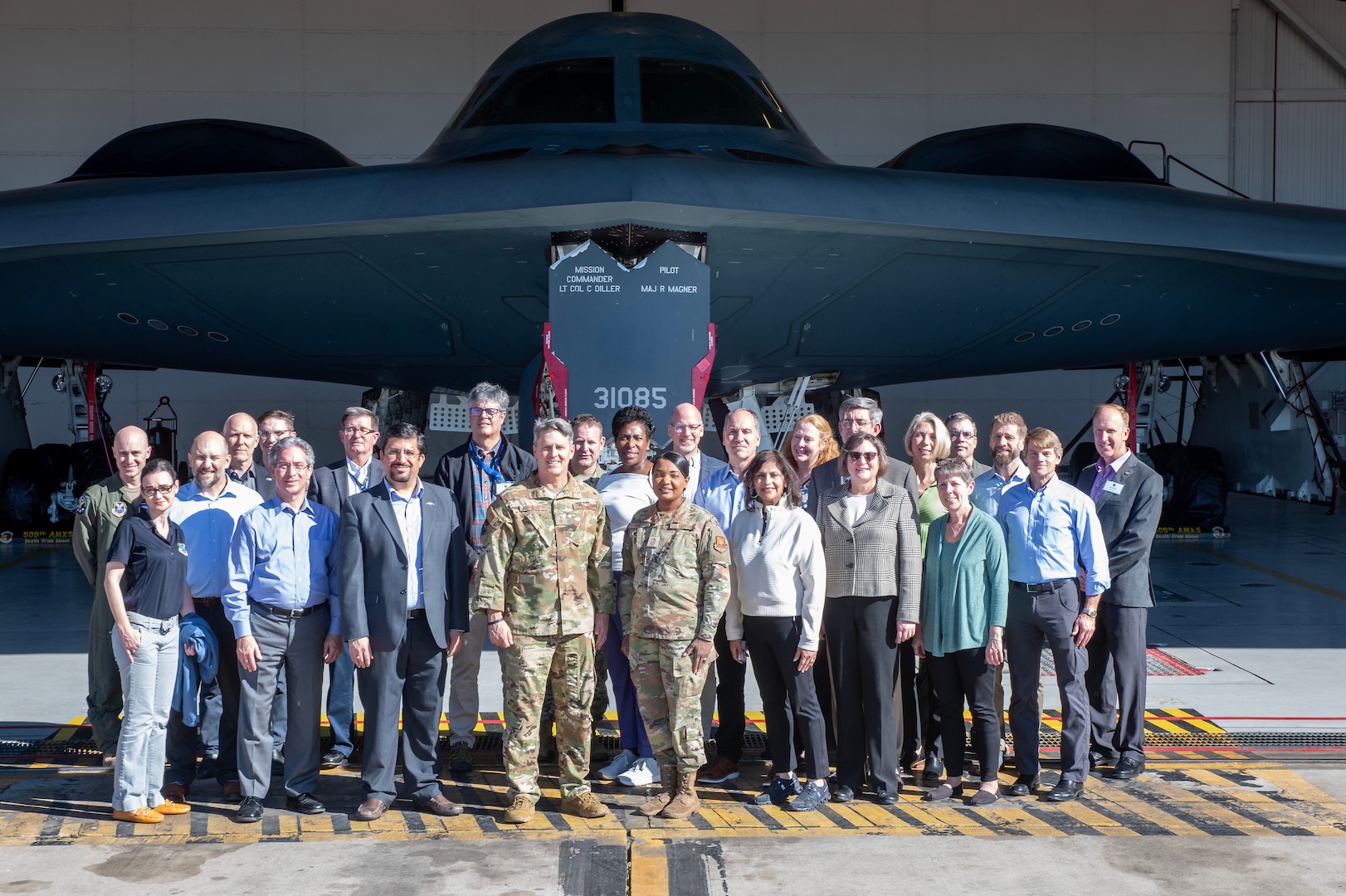 Maj. Gen. Jason Armagost, 8th Air Force and Joint Global Strike Operations Center commander, tours the B-2 Spirit stealth bomber mission at Whiteman Air Force Base, Missouri, along with directors and leaders representing National Laboratories, Oct. 20, 2023. Gen. Thomas Bussiere, Air Force Global Strike Command (AFGSC) commander, invited directors for an immersion in the weapons system and mission of AFGSC bases while interacting with the Airmen who operate the nuclear enterprise. As critically important partners of AFGSC, the laboratories develop technologies critical to the U.S. and its future forces -- both nuclear and conventional. (U.S. Air National Guard photo by Master Sgt. John E. Hillier)