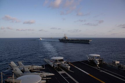 Ships from the Gerald R. Ford and Dwight D. Eisenhower Carrier Strike Groups (CSG), U.S. Sixth Fleet command ship USS Mount Whitney (LCC 20), and Italian Navy frigates Carlo Margottini (F 592) and Virginio Fasan (F 591) sail in formation in the Eastern Mediterranean Sea, Nov. 3, 2023. 
The two carrier strike groups are operating in the area at the direction of the Secretary of Defense to bolster deterrence in the region.
The ships from the Gerald R. Ford Carrier Strike Group include the first-in-class aircraft carrier USS Gerald R. Ford (CVN 78), the Ticonderoga-class guided-missile cruiser USS Normandy (CG 60), and the Arleigh Burke-class guided-missile destroyers USS Ramage (DDG 61) and USS Paul Ignatius (DDG 117).
The ships from the Dwight D. Eisenhower Carrier Strike Group include the Nimitz-class aircraft carrier USS Dwight D. Eisenhower (CVN 69), the Ticonderoga-class guided-missile cruiser USS Philippine Sea (CG 58), and the Arleigh Burke-class guided-missile destroyers USS Gravely (DDG 107) and USS Mason (DDG 87). (U.S. Navy photo by Mass Communication Specialist 3rd Class Maxwell Orlosky)