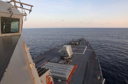 SOUTH CHINA SEA (Nov. 3, 2023) – The Arleigh Burke-class guided-missile destroyer USS Dewey (DDG 105) conducts routine underway operations. Dewey is forward-deployed and assigned to Commander, Task Force 71/Destroyer Squadron (DESRON) 15, the Navy’s largest DESRON and the U.S. 7th Fleet’s principal surface force. (U.S. Navy photo by Mass Communication Specialist 1st Class Greg Johnson)