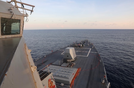 SOUTH CHINA SEA (Nov. 3, 2023) – The Arleigh Burke-class guided-missile destroyer USS Dewey (DDG 105) conducts routine underway operations. Dewey is forward-deployed and assigned to Commander, Task Force 71/Destroyer Squadron (DESRON) 15, the Navy’s largest DESRON and the U.S. 7th Fleet’s principal surface force. (U.S. Navy photo by Mass Communication Specialist 1st Class Greg Johnson)