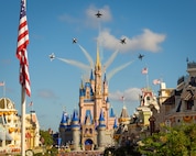 The United States Air Force Air Demonstration Squadron “Thunderbirds” perform a flyover