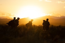 Airmen walk through a field at twilight.