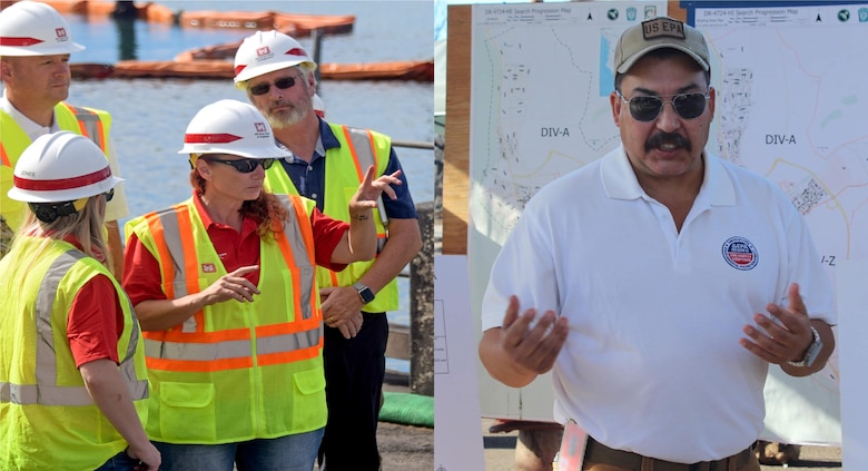 People in safety vests and a man in sunglesses