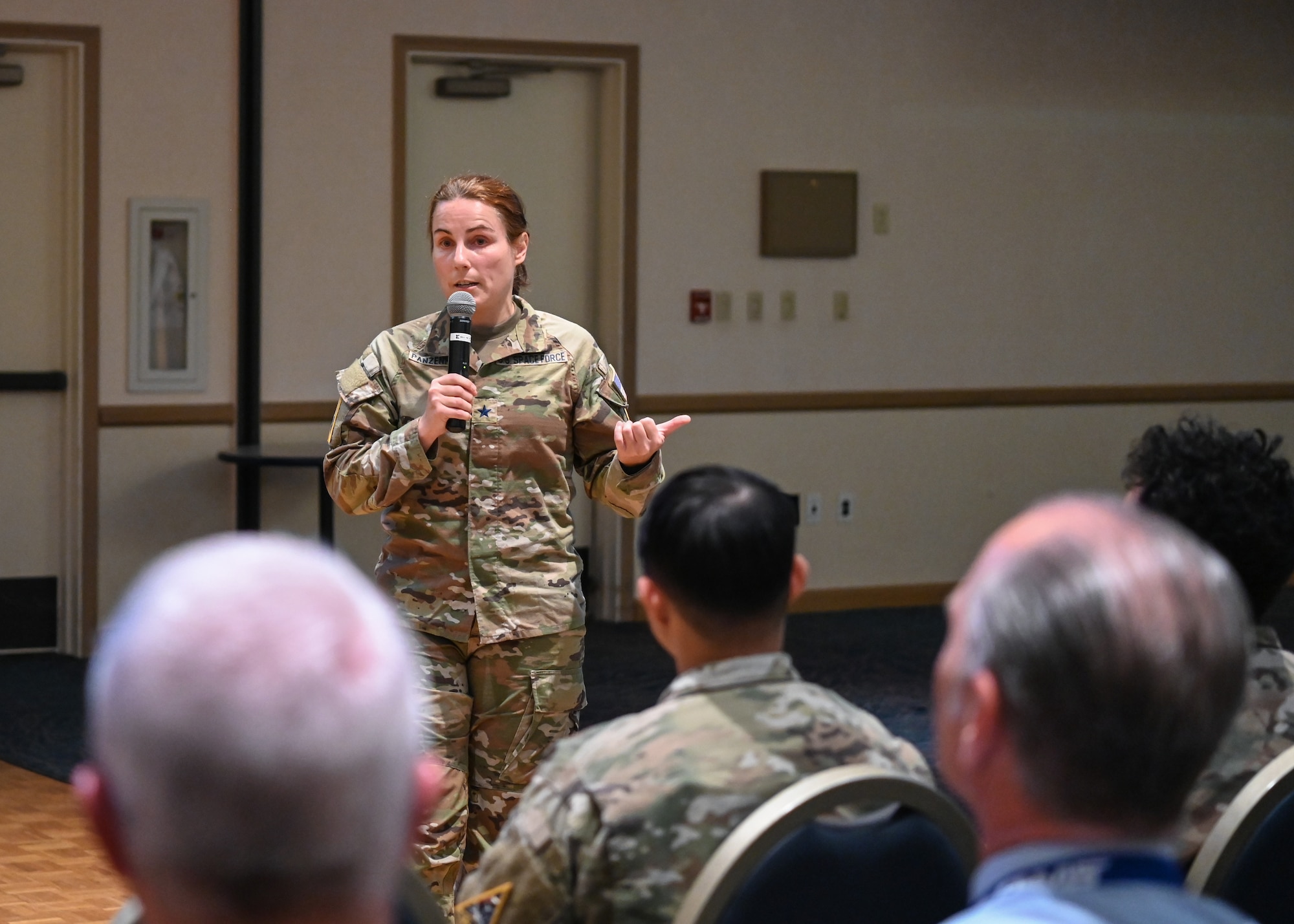 U.S. Space Force Brig. Gen. Kristin Panzenhagen speaks during an all-call at Vandenberg Space Force Base.