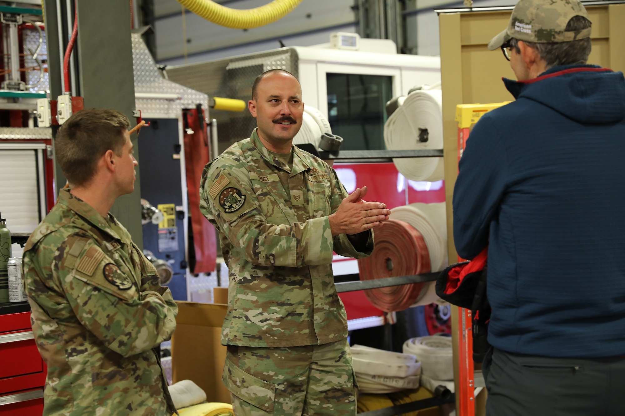 Maryland Air National Guard Staff Sgt. Josh Frost, a member of the 175th Wing, speaks with civilian employers at the Martin State Air National Guard Base, Middle River, Maryland, Nov 3, 2023.