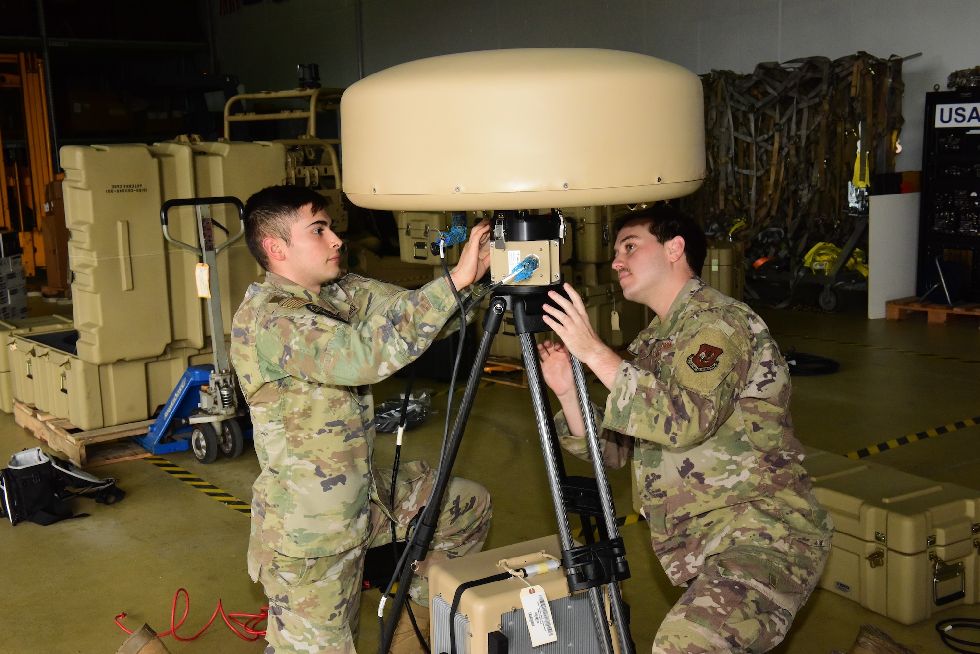 USAFE unveils the newest Tactical Air Navigation System. Small and portable, the antenna can provide precise distance information to 250 aircraft simultaneously to coordinate an effective air bridge to expedite military airlift and air operations wherever needed.